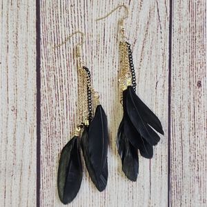 NWT Black & Gold Feathers & Chains Dangle Earrings